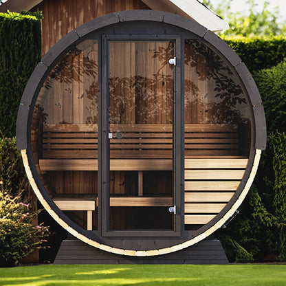 PRE-ORDER MAY 2026:  SaunaLife Model EE6G Traditional Outdoor Barrel Sauna | Ergo Elegance Series | Glass Front | 4-Person