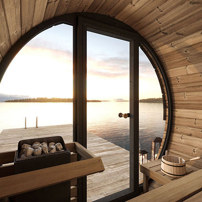 PRE-ORDER MAY 2026:  SaunaLife Model EE6G Traditional Outdoor Barrel Sauna | Ergo Elegance Series | Glass Front | 4-Person