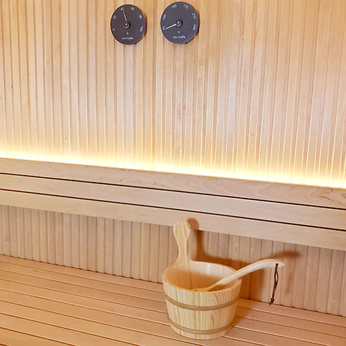 SaunaLife Accessory Package 3 Wooden 1-Gallon Sauna Bucket, Wood Ladle, Thermometer, Hygrometer