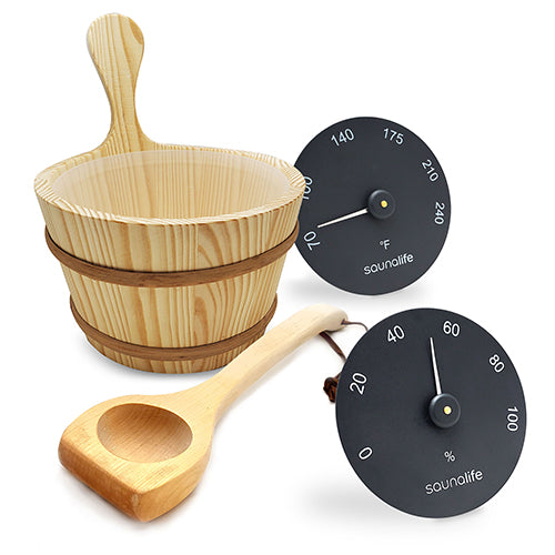 SaunaLife Accessory Package 3 Wooden 1-Gallon Sauna Bucket, Wood Ladle, Thermometer, Hygrometer