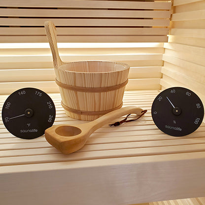 SaunaLife Accessory Package 3 Wooden 1-Gallon Sauna Bucket, Wood Ladle, Thermometer, Hygrometer