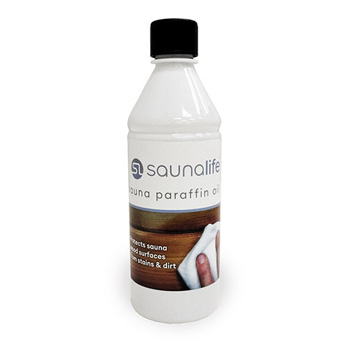 White bottle of SaunaLife sauna paraffin oil wood protector
