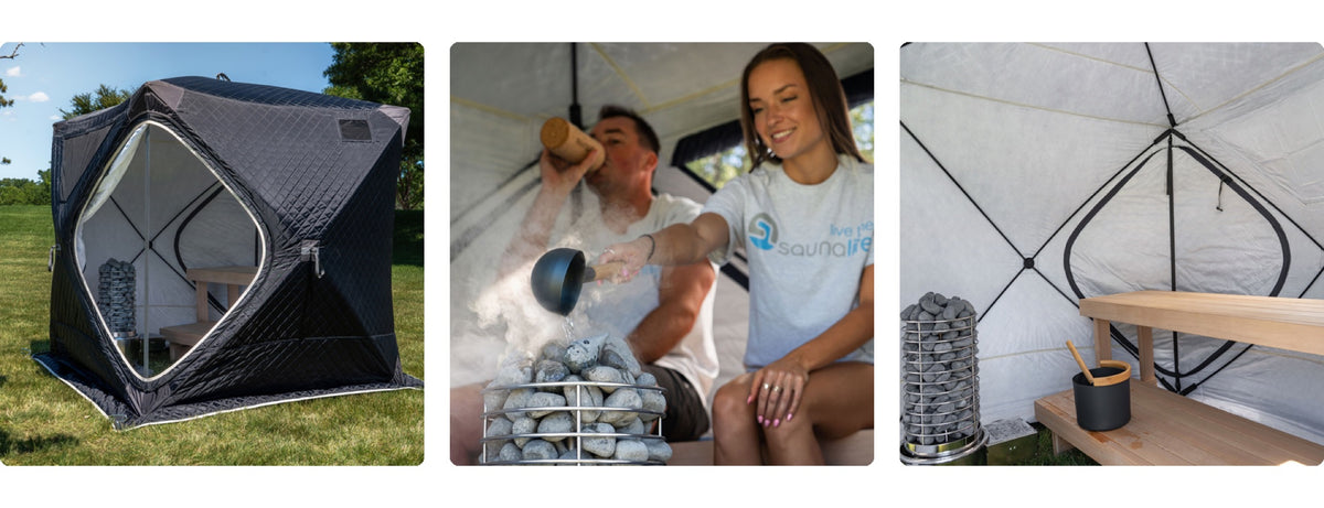 SaunaLife Titan heater in use in a sauna and a sauna tent