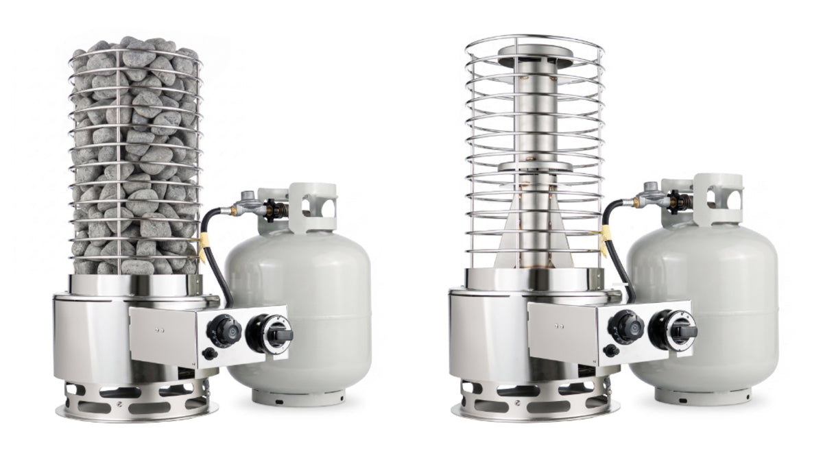 SaunaLife Titan SL1 heater shown with and without stones next to a propane tank